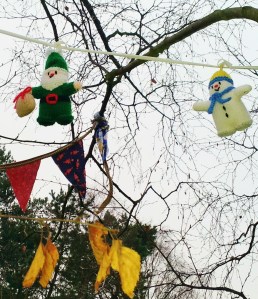 Tree figures, knitted by a Guiseley resident of longstanding. 